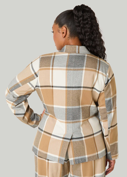 Button Front Plaid Boyfriend Blazer
