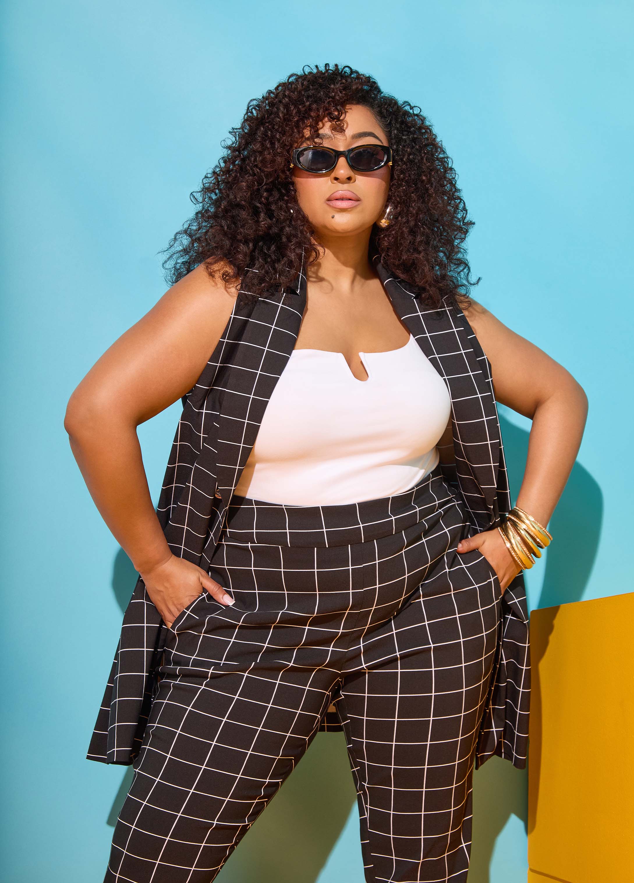 Plus Size Checked Vest Plus Size Pants Suit Matching Set	