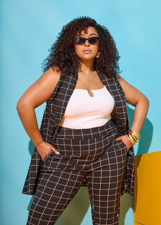 Plus Size Checked Vest Plus Size Pants Suit Matching Set	