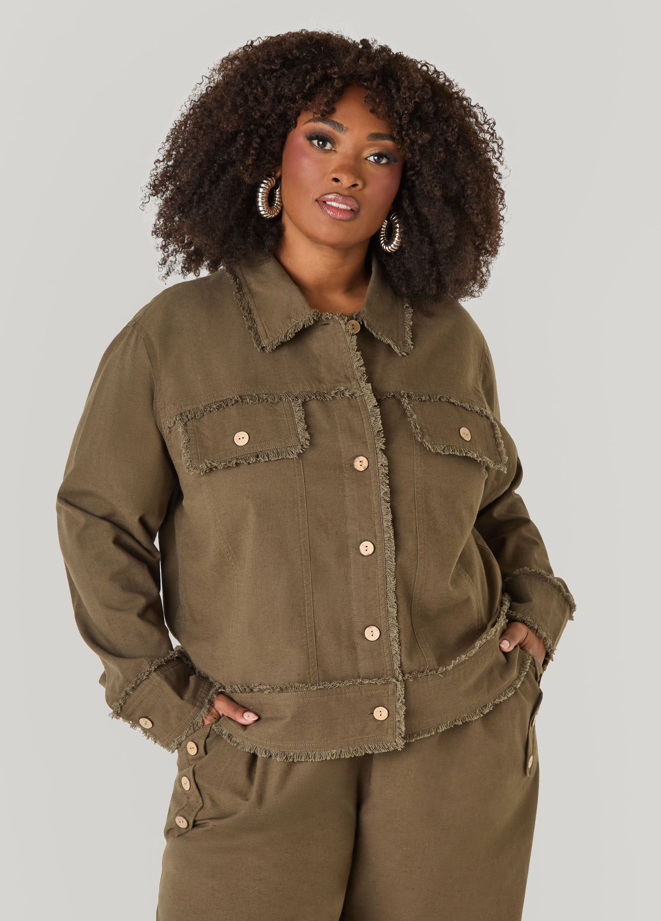 Frayed Linen Blend Trucker Jacket