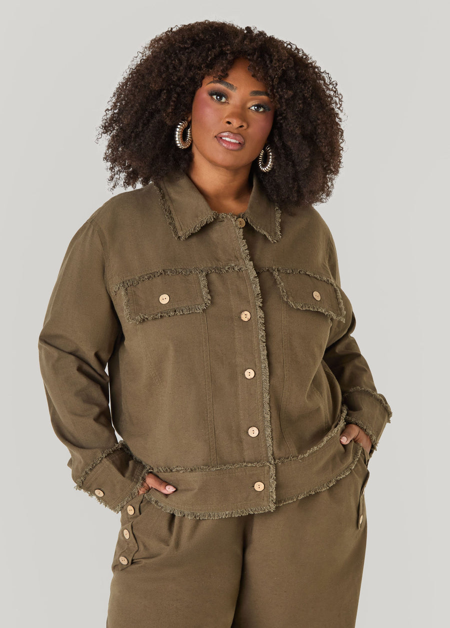 Frayed Linen Blend Trucker Jacket