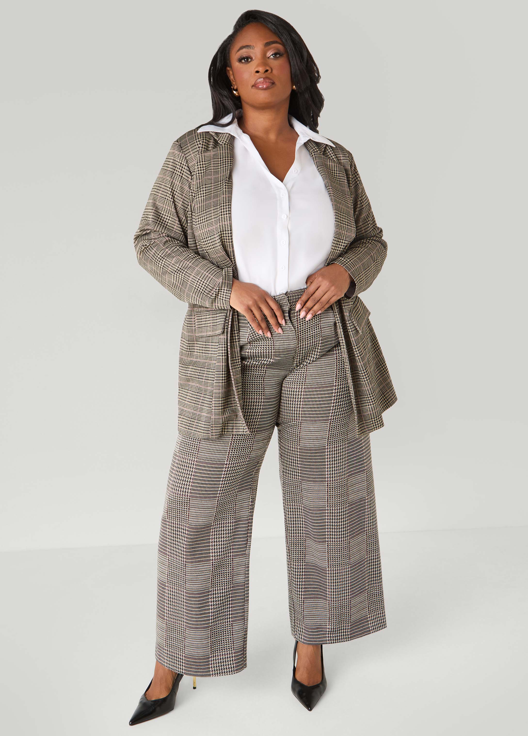 Plus Size Classic Plaid Blazer Knitted Open Jacket Matching Set