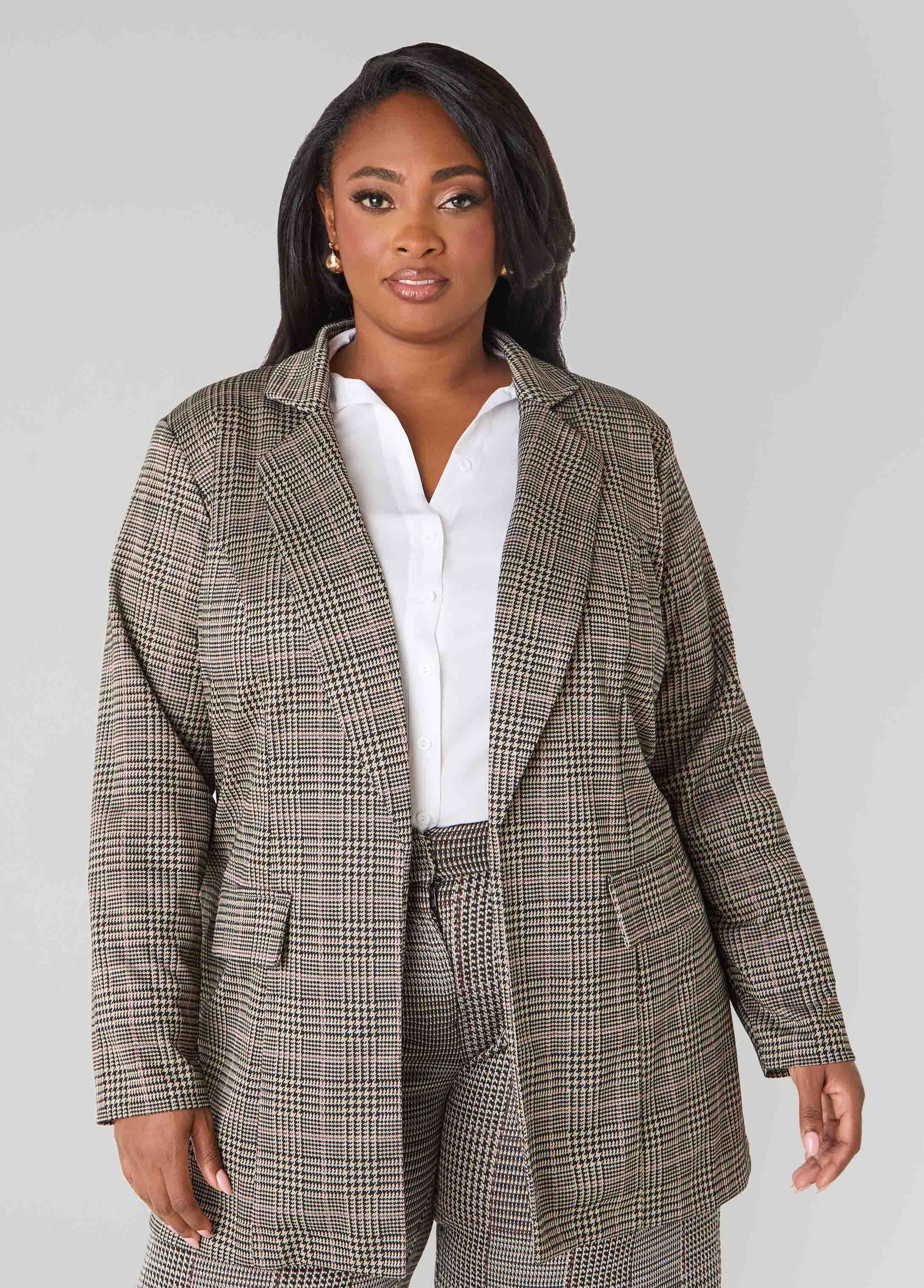 Plus Size Classic Plaid Blazer Knitted Open Jacket Matching Set