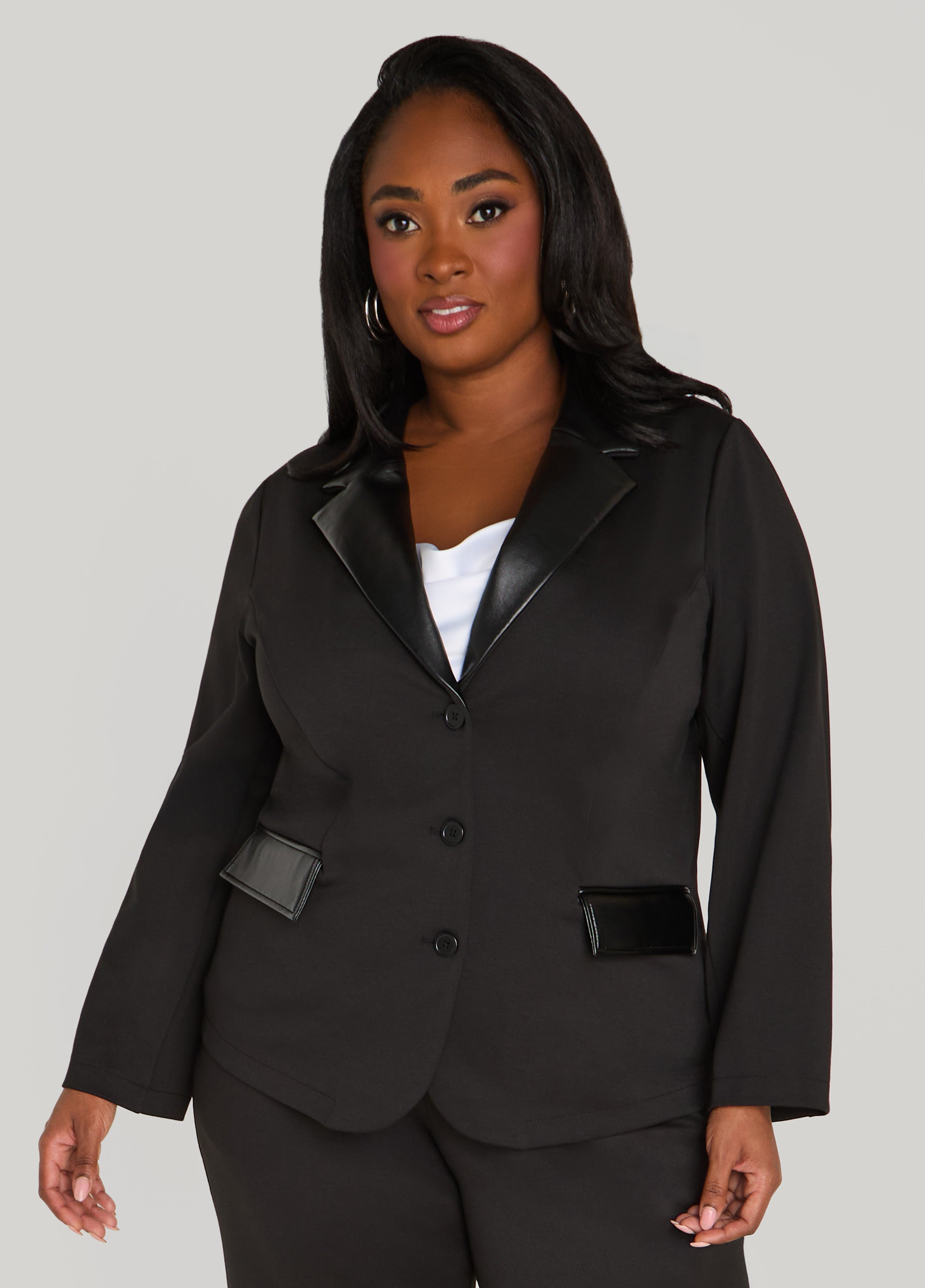 Plus Size Faux Leather Paneled Ponte Blazer