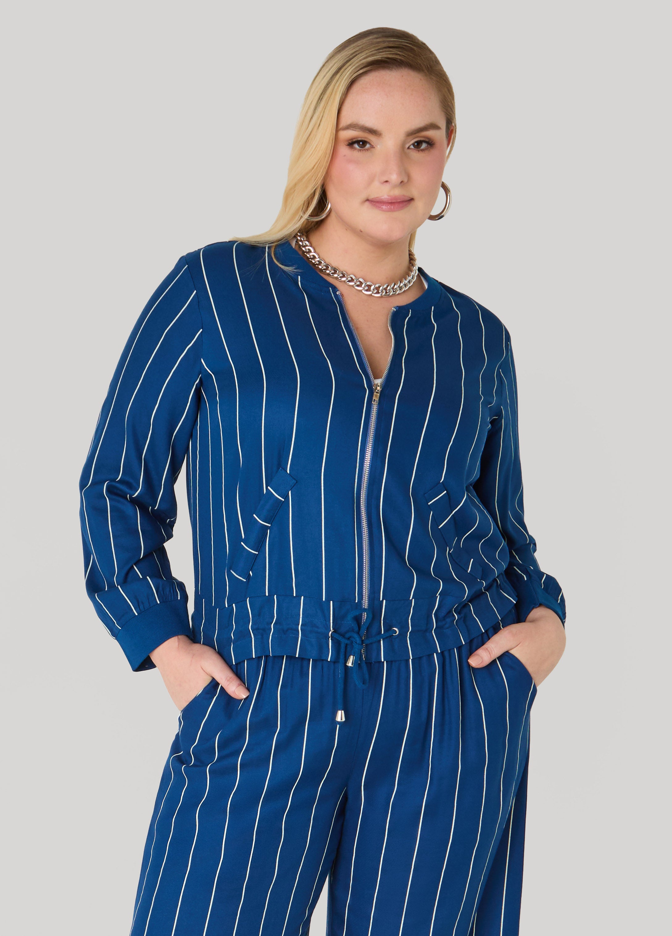 Pinstriped Zip Front Jacket