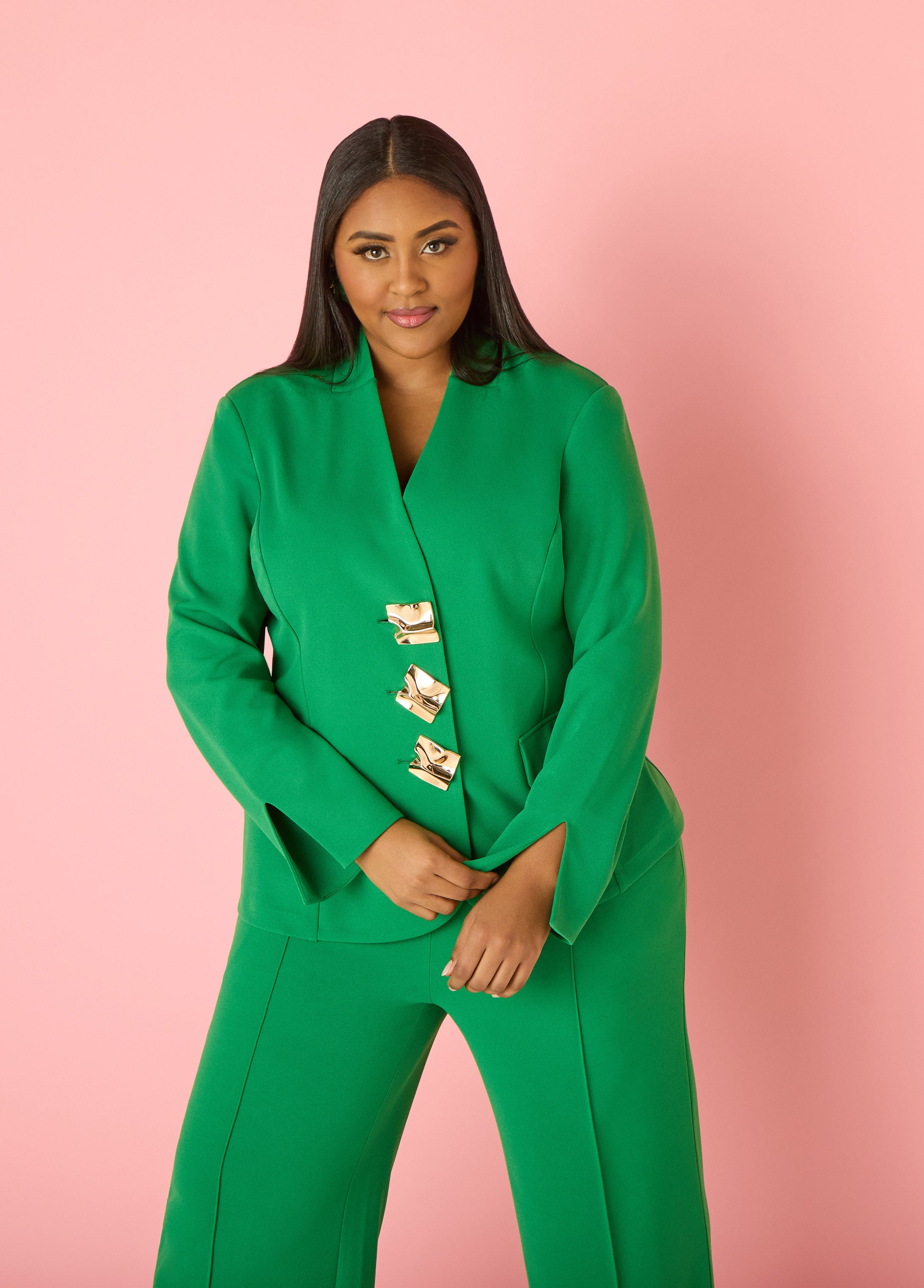 Plus Size Green Blazer Trendy Power Suit Two Piece Matching Set
