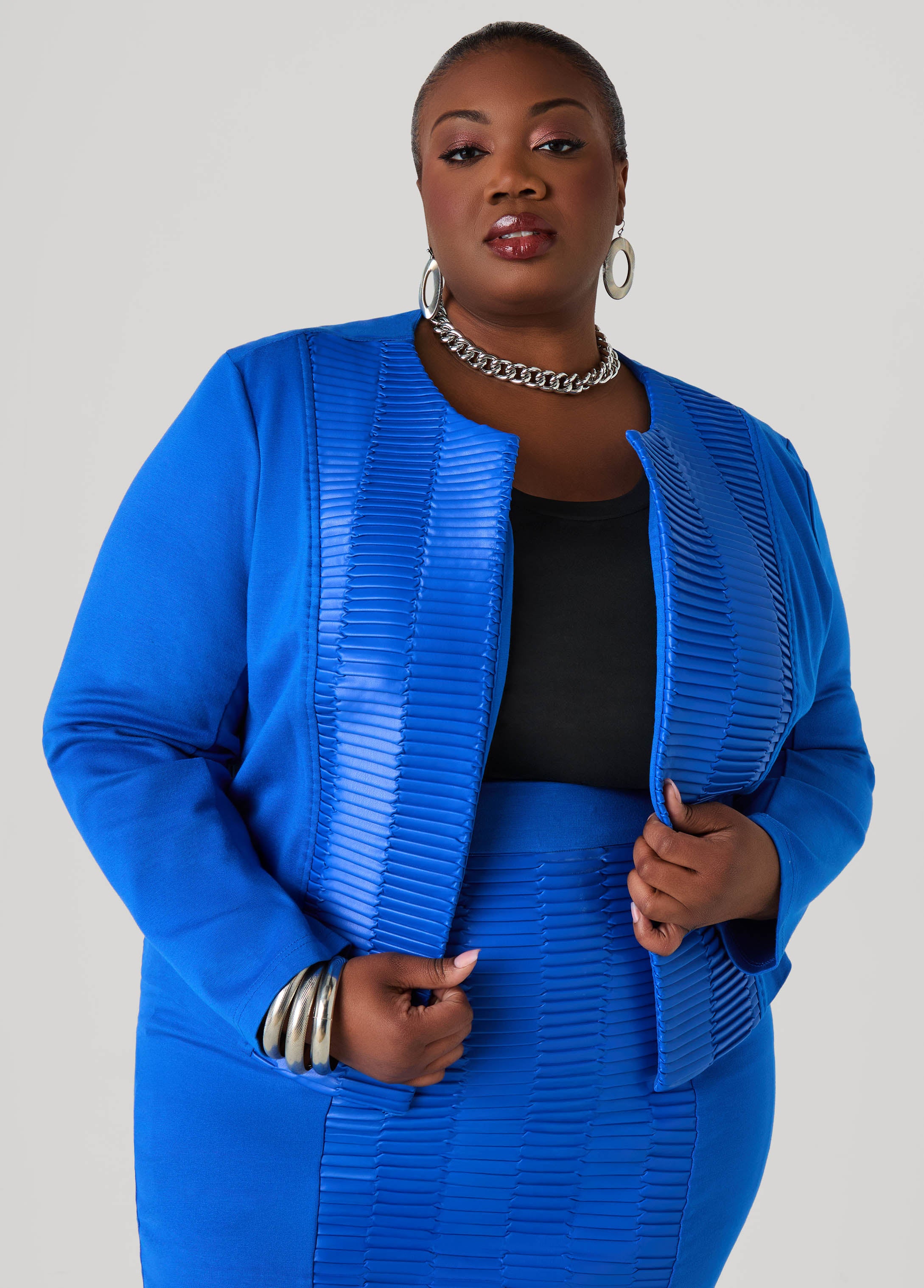 Plus Size Pleated Faux Leather Ponte Jacket