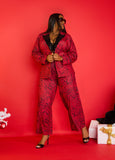 Plus Size Red Leopard Blazer Button Jacket Two Piece Matching Set