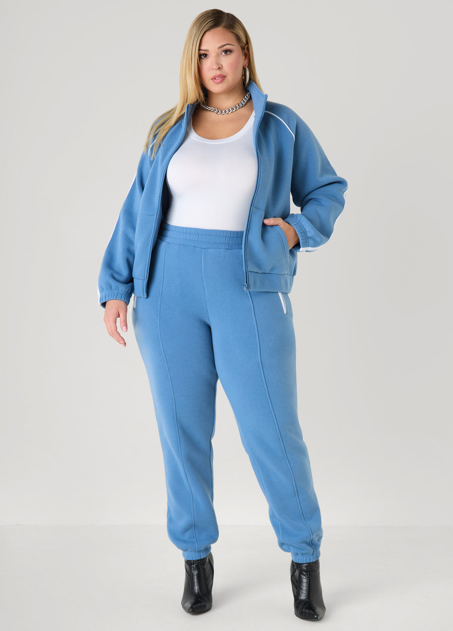 Plus Size Mid Rise Piped Fleece Joggers
