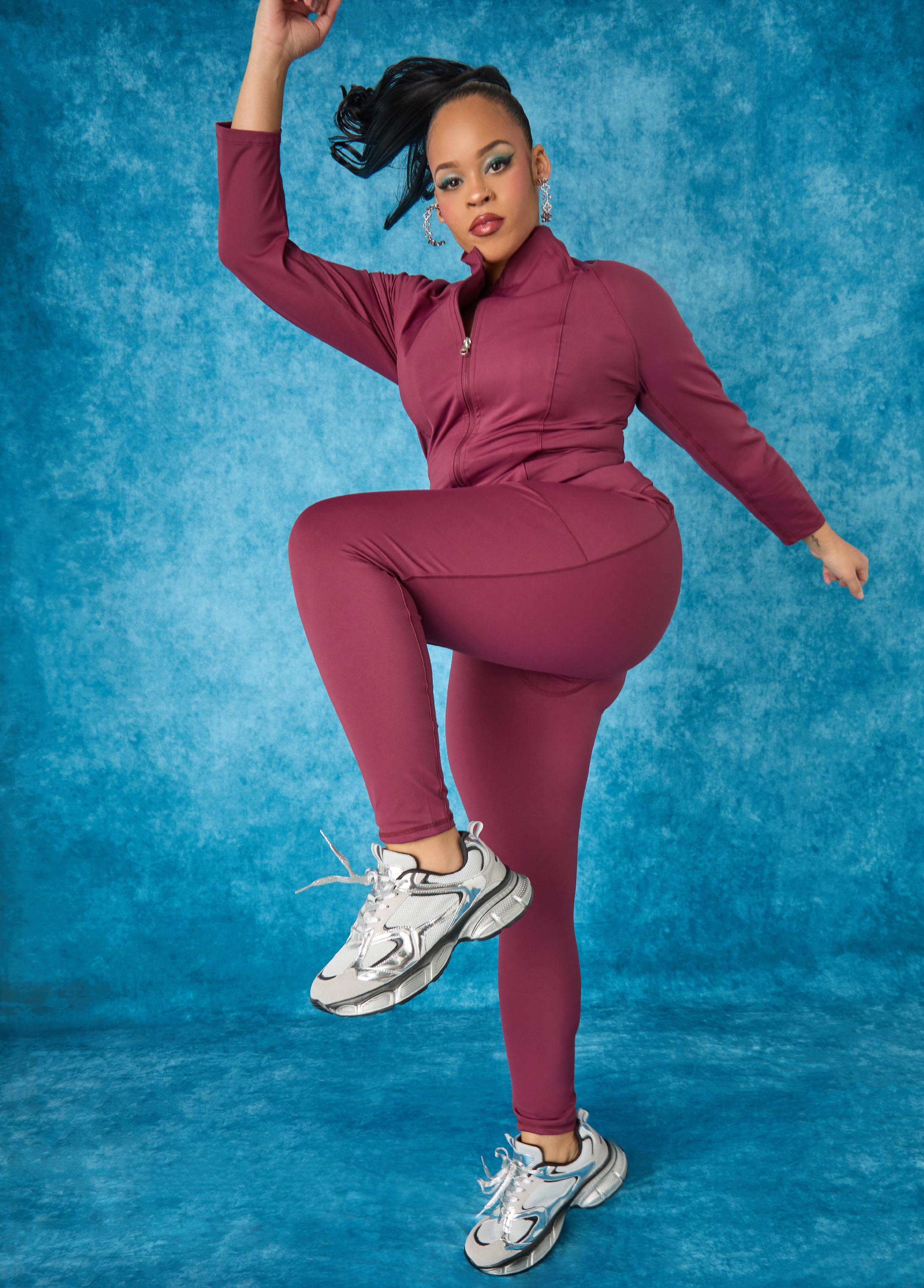 Plus Size High Waist Leggings Trendy Burgundy Athleisure Set