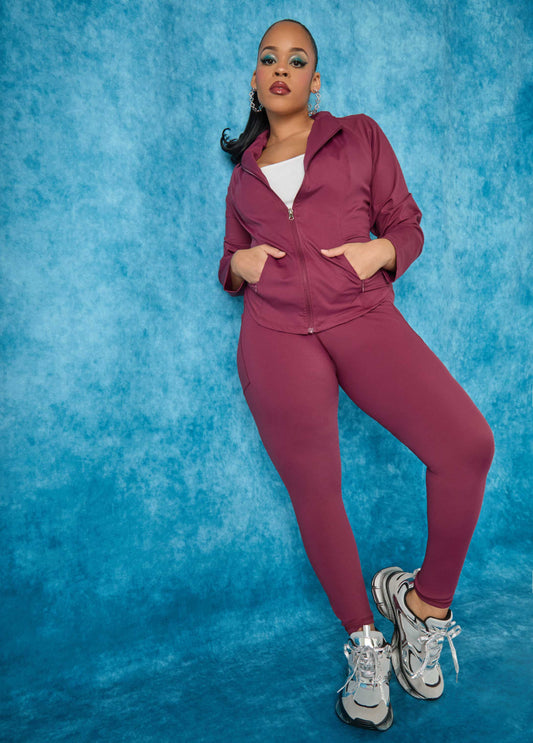 Plus Size Track Jacket Burgundy Athletic Jacket Two Piece Set