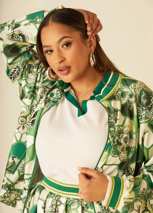 Plus Size Floral Print Track Jacket Fashion Plus size Sets