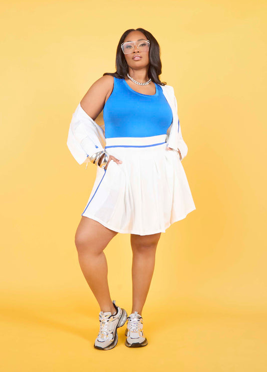Plus Size Piped White Mesh Skort Trendy Tennis Matching Set