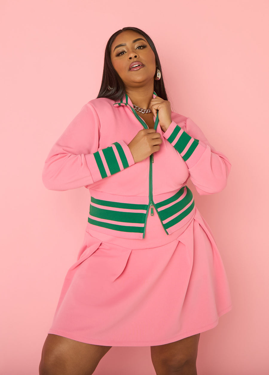 Plus Size Pink Green Zip Track Jacket Tennis Pickleball Set