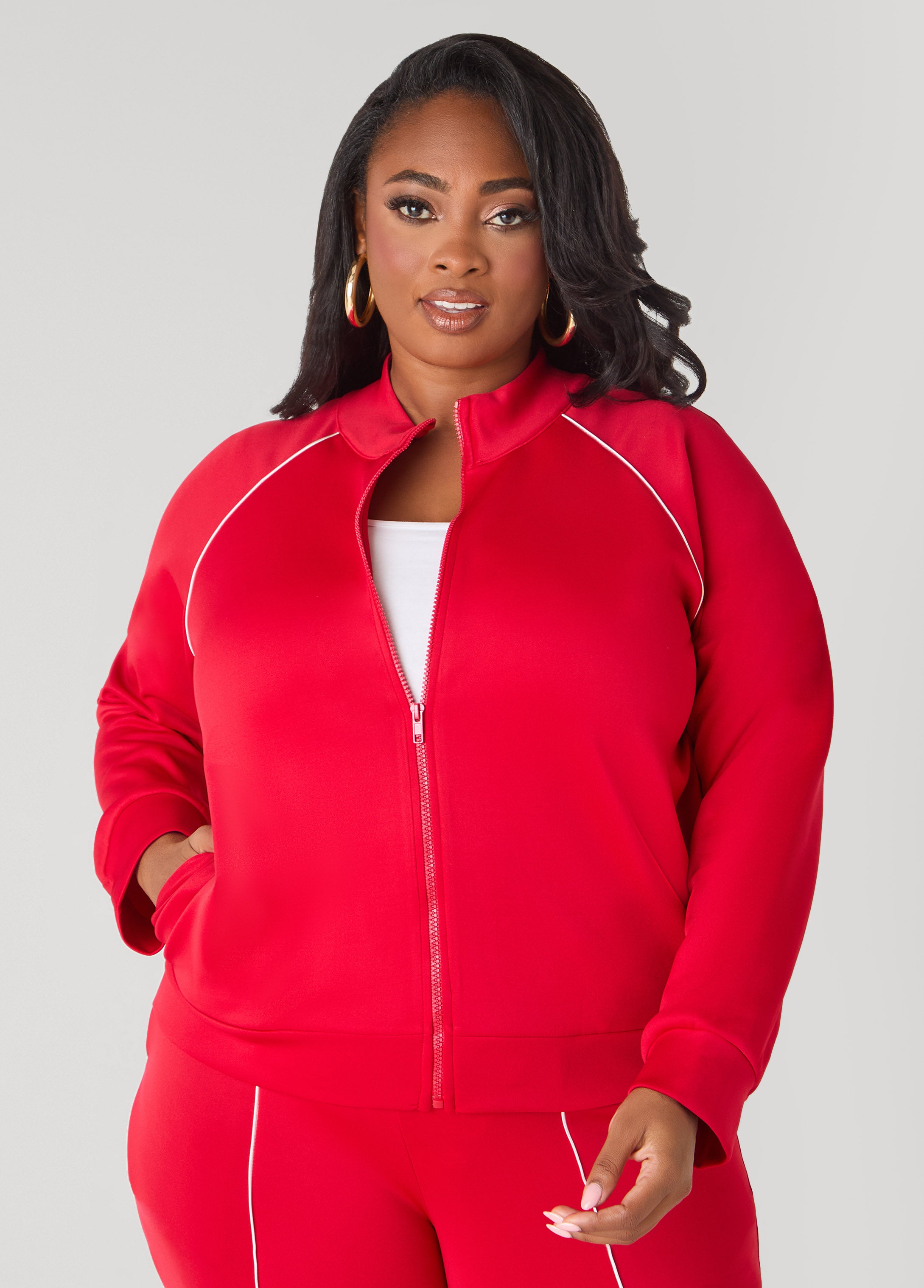 Plus Size Piped Red Track Jacket Plus Size Y2K Streetwear Set
