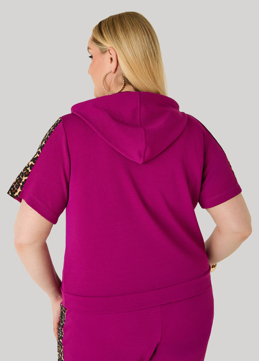 Leopard Trimmed Textured Hoodie