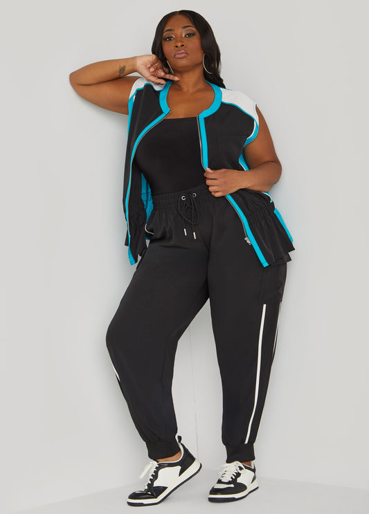 Plus Size Piped Drawstring Cargo Joggers