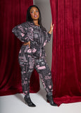 Plus Size Newspaper Windbreaker Jacket Two Piece Matching Set