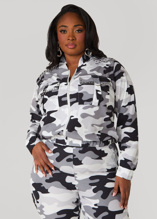 Plus Size Studded Camo Print Jacket