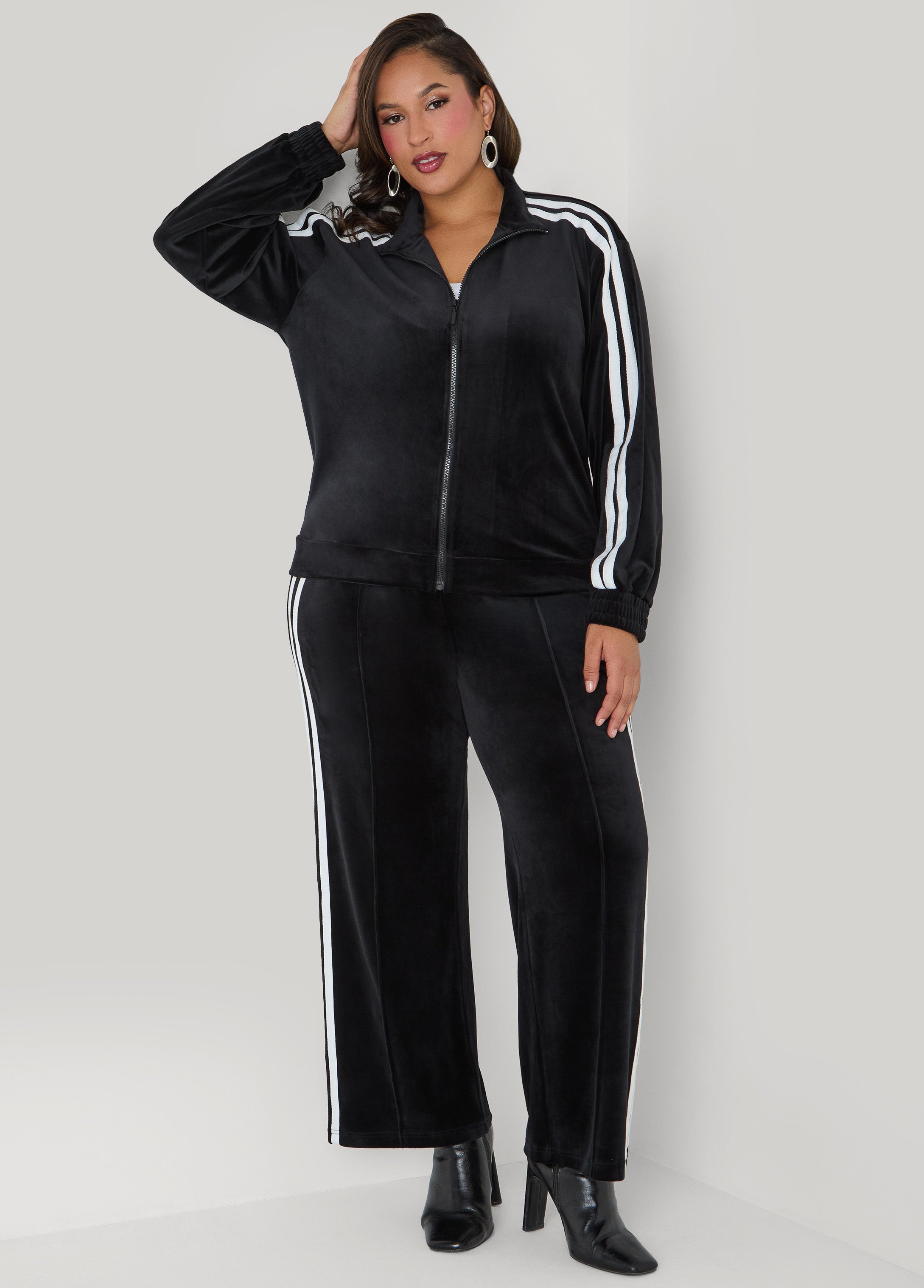 Plus Size Stripe Trimmed Velour Track Pants