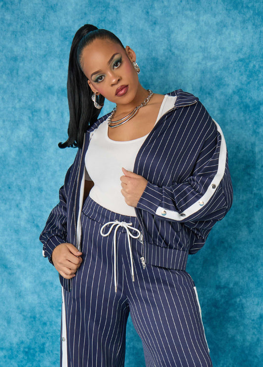 Plus Size pinstriped trendy track jacket fashion two piece set