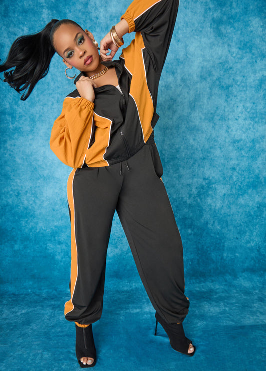 Plus Size two tone track jacket windbreaker fashion two piece set