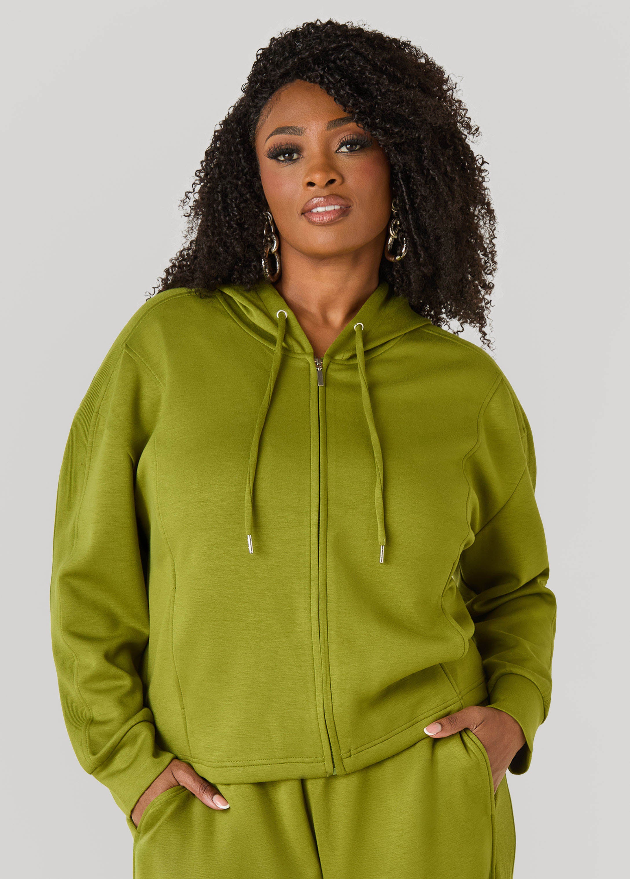 Zip Front Ribbed Panel Hoodie