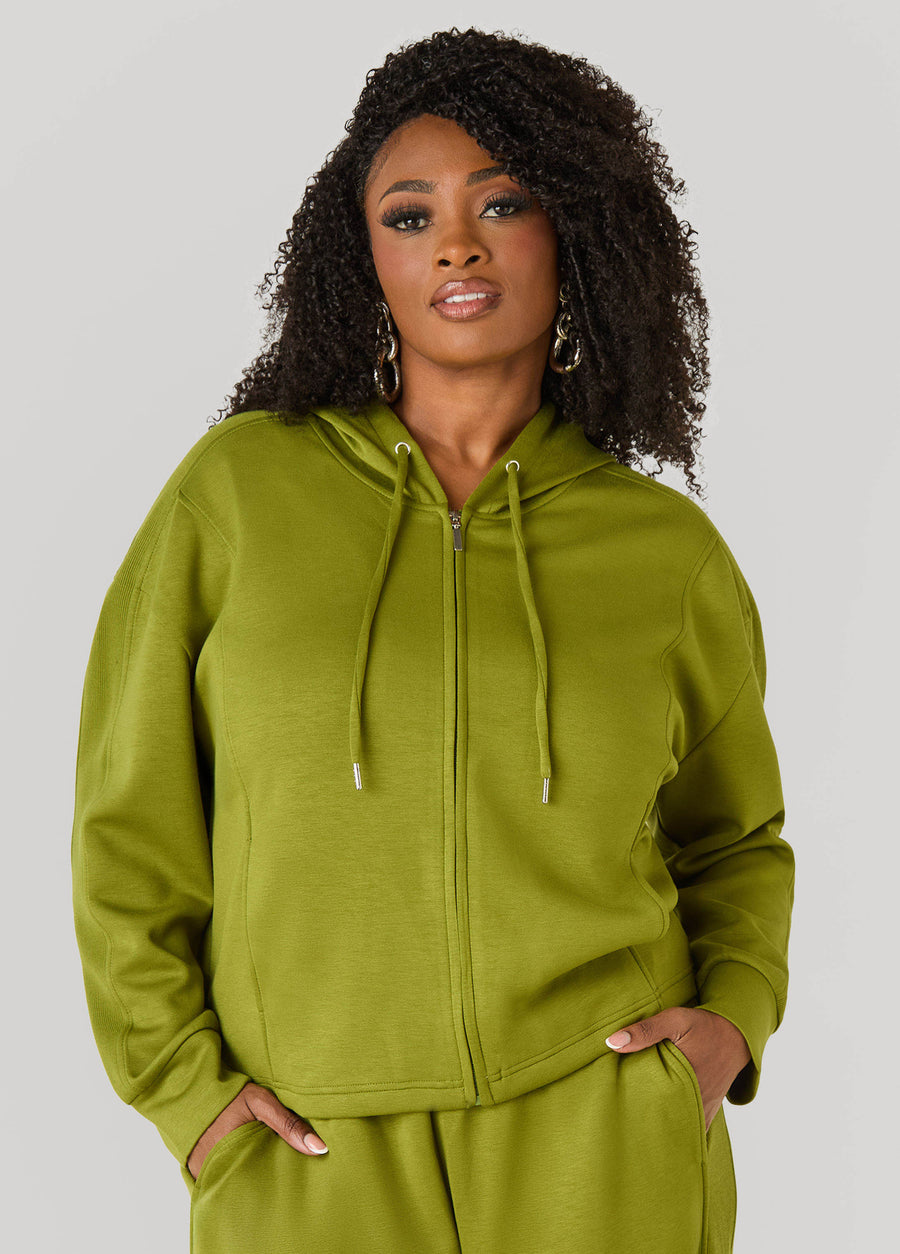 Zip Front Ribbed Panel Hoodie