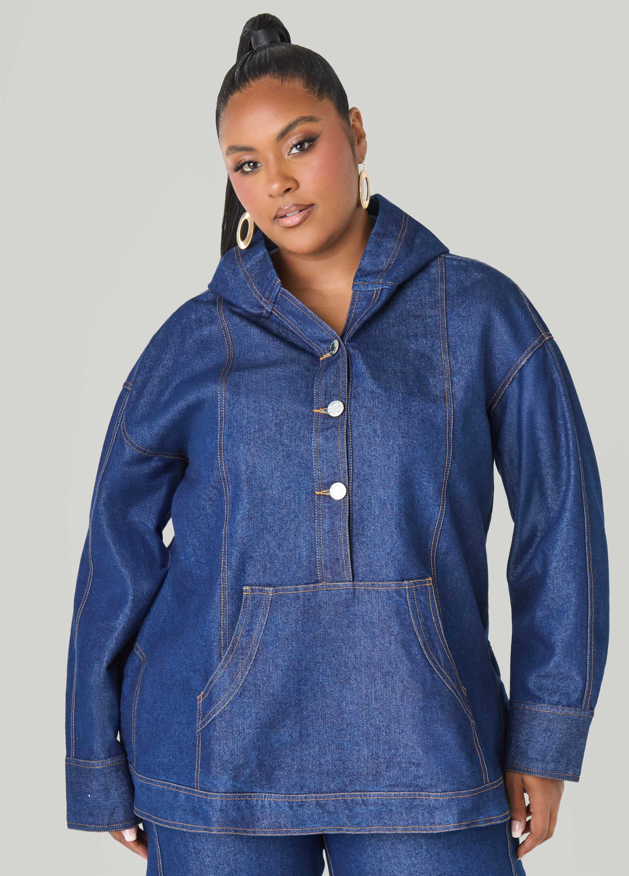 Plus Size Button Front Denim Hoodie