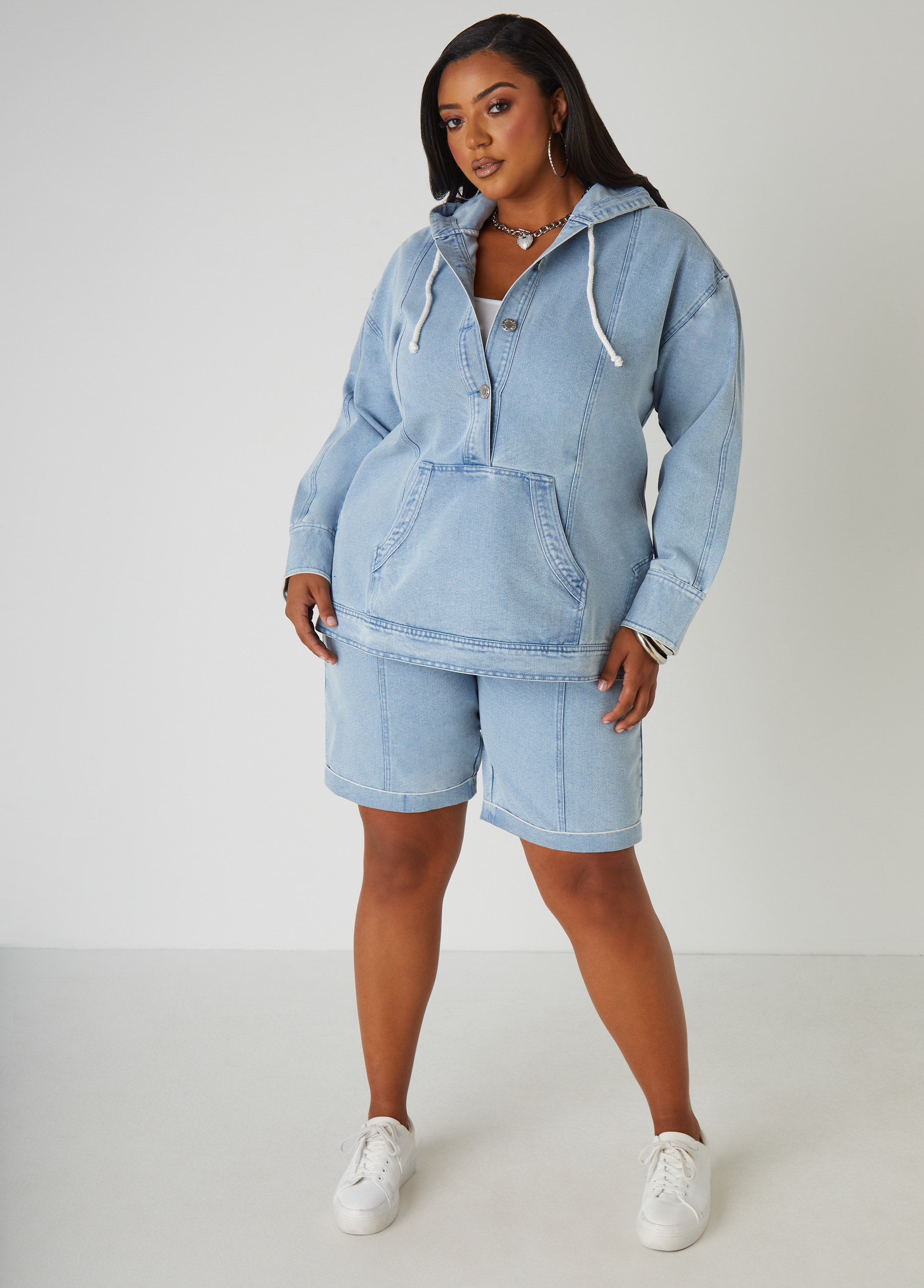 Plus Size High Waist Denim Bermuda Shorts