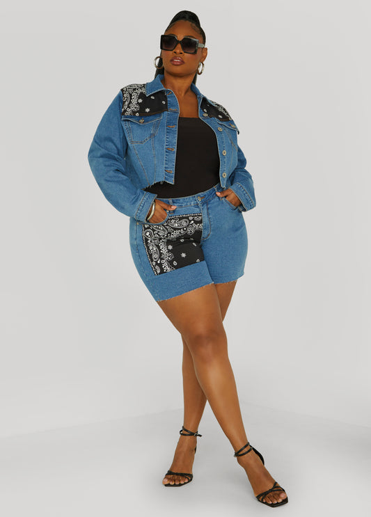Plus Size Bandana Print Denim Shorts