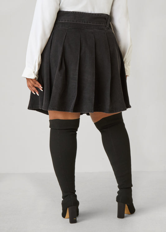 Pleated Denim Mini Skirt