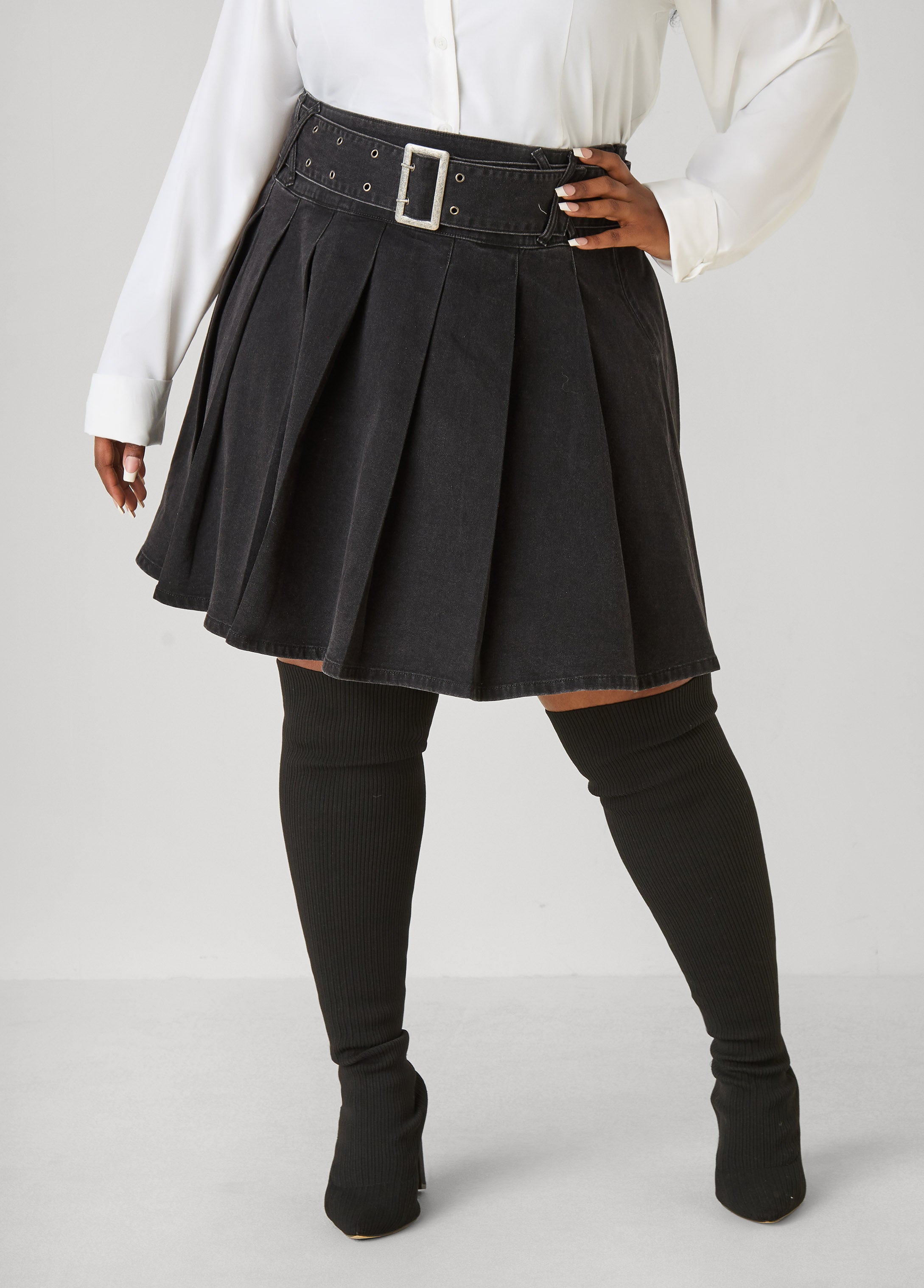 Pleated Denim Mini Skirt