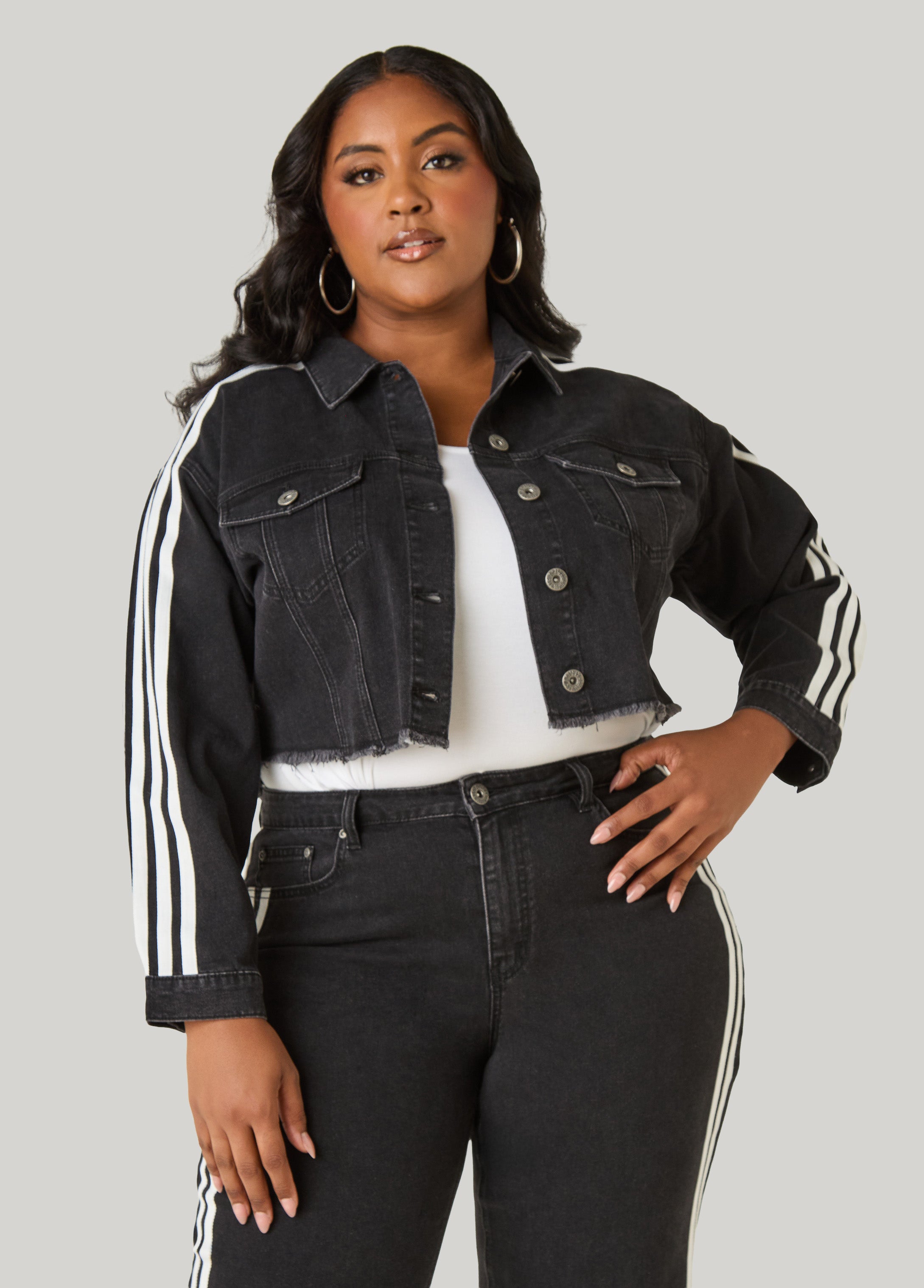 Striped Cropped Denim Jacket