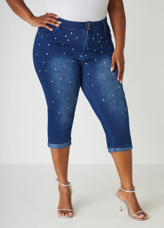 Plus Size Cuffed Crystal Denim Capris