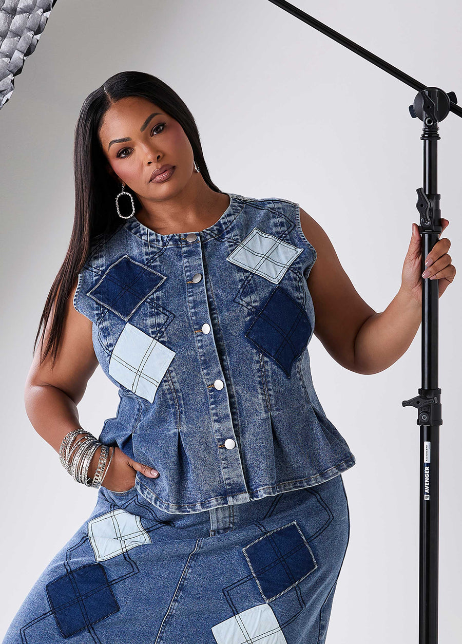 Plus Size Patchwork Denim Peplum Vest