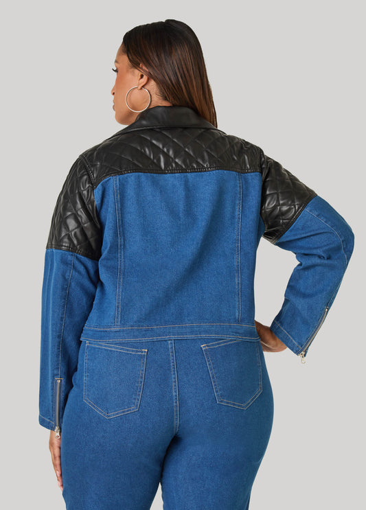 Faux Leather Paneled Denim Jacket