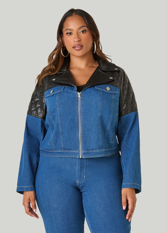 Faux Leather Paneled Denim Jacket