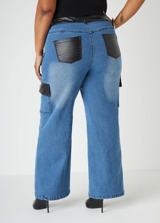 Faux Leather Paneled Cargo Jeans