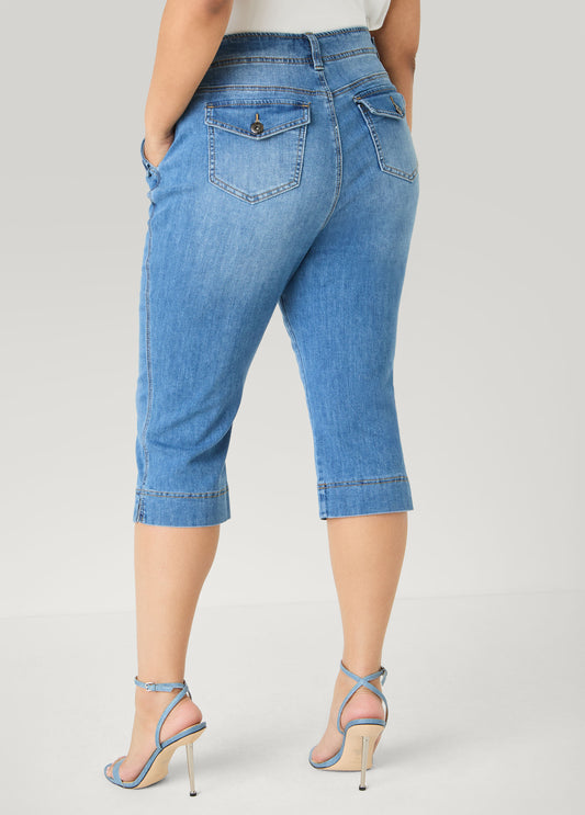 Flap Pocket Seamed Denim Capris