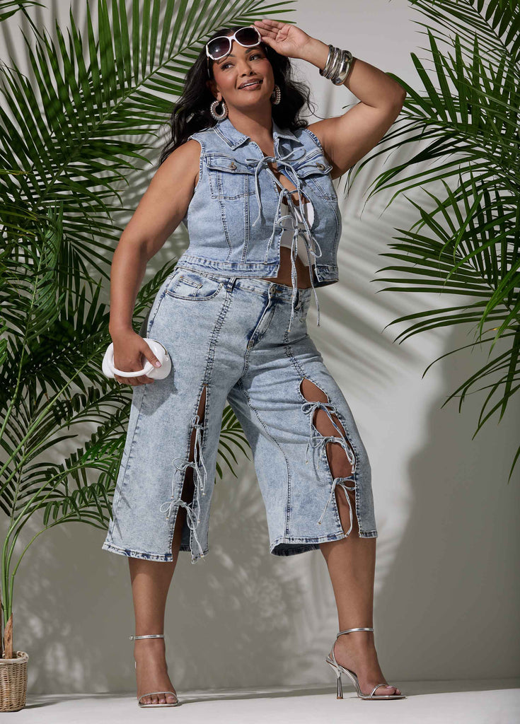 039 DENIM MIX プルオーバーフーディ 30%mixed Tie Front Acid Wash Denim Capris – Ashley Stewart