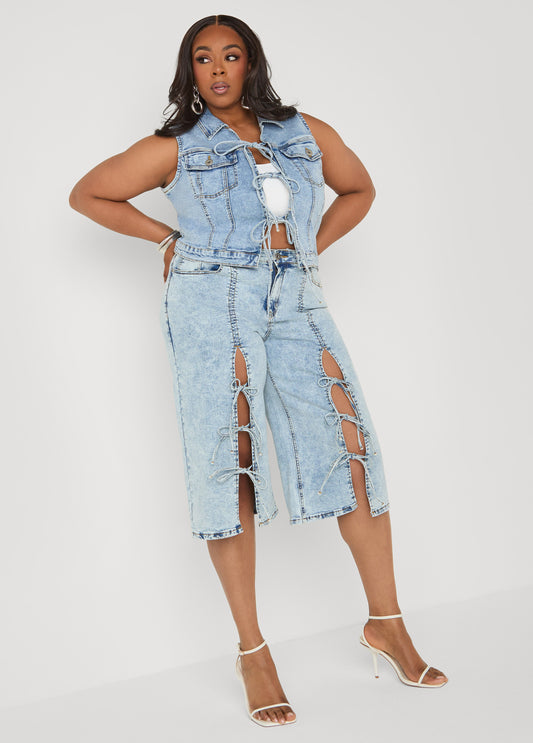 Tie Front Acid Wash Denim Capris