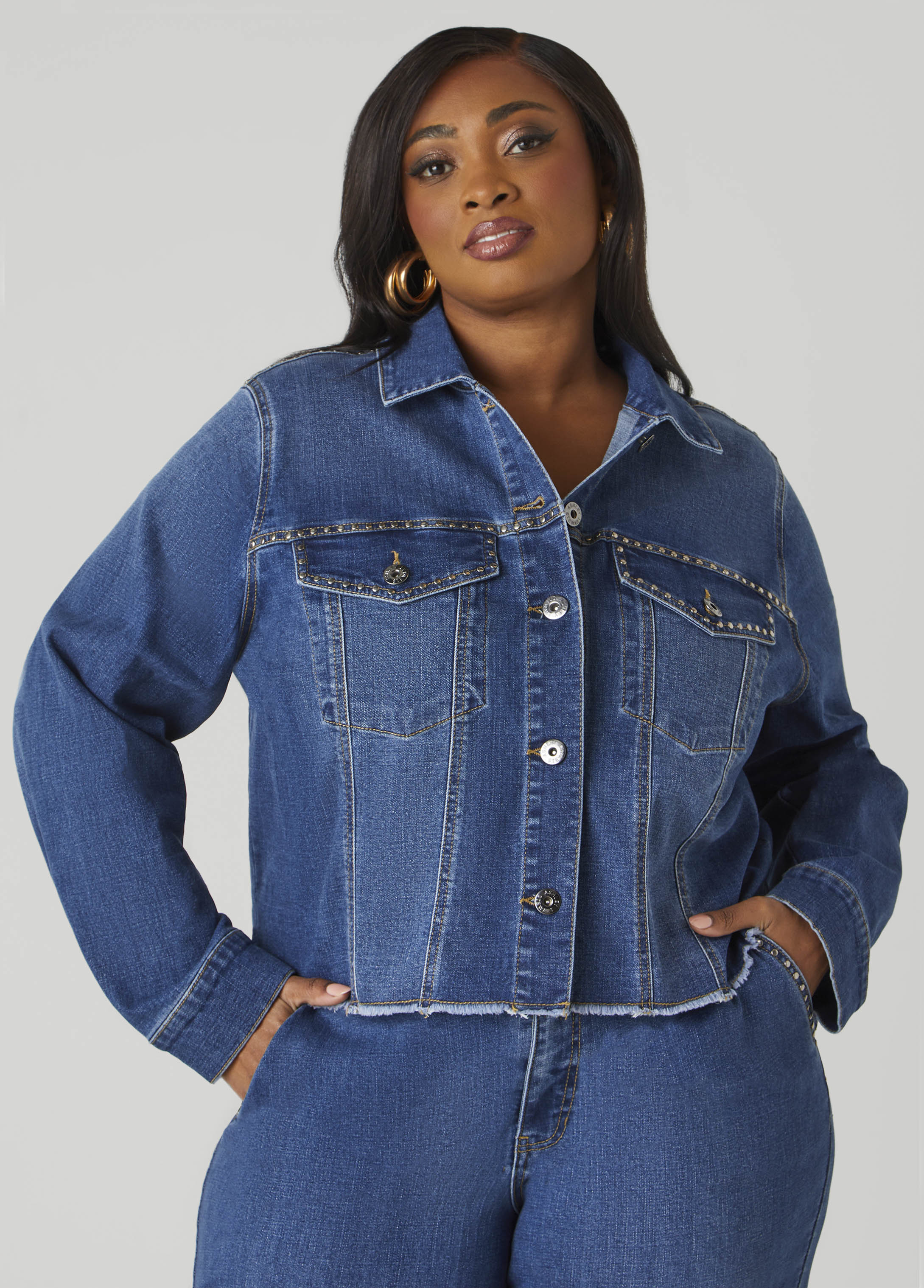 Plus Size Cropped Studded Denim Jacket
