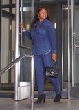 Plus Size Denim Shacket Crystal Rhinestone Jean Jacket Denim Shirt Set