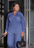 Plus Size Denim Shacket Crystal Rhinestone Jean Jacket Denim Shirt Set