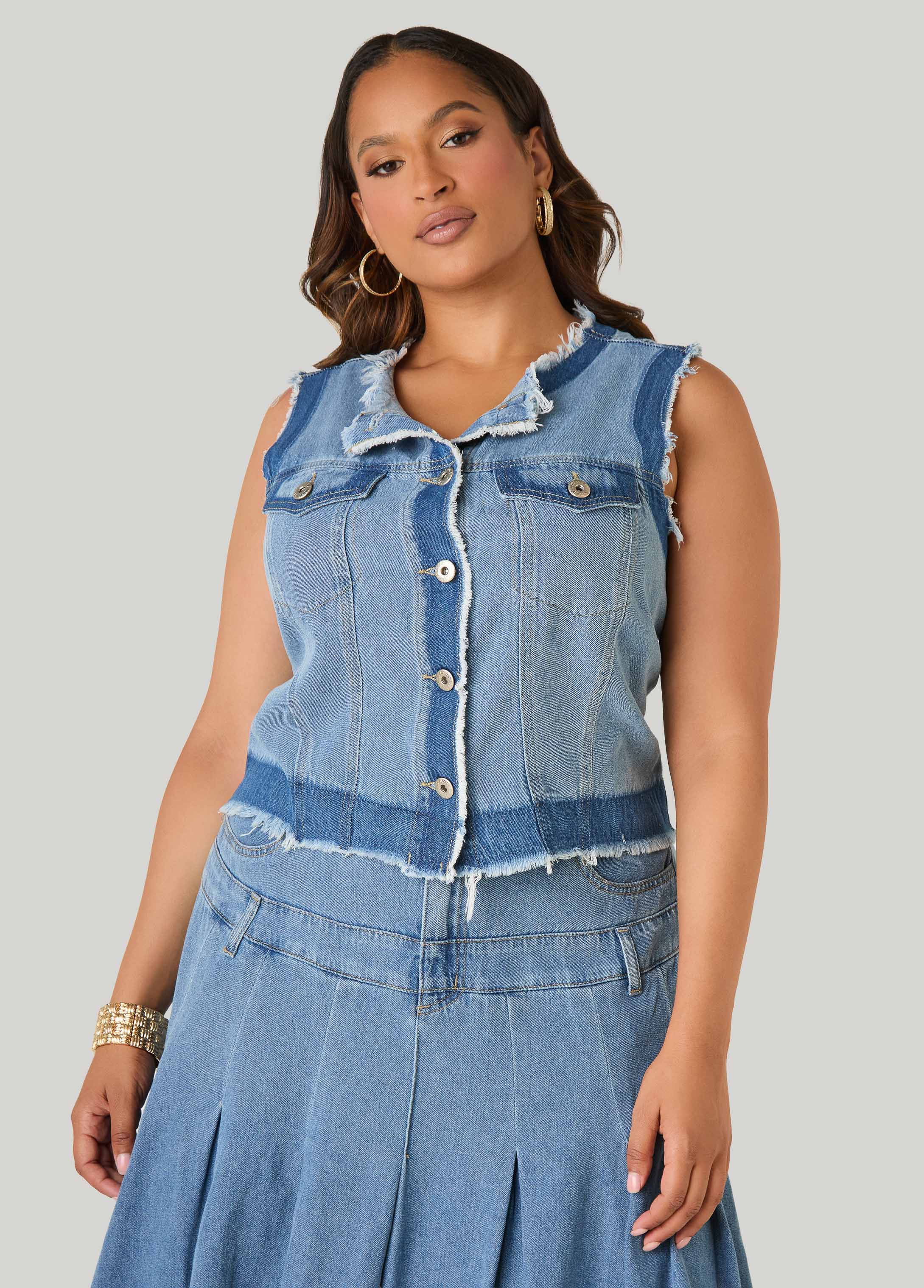 Frayed Two Tone Denim Vest