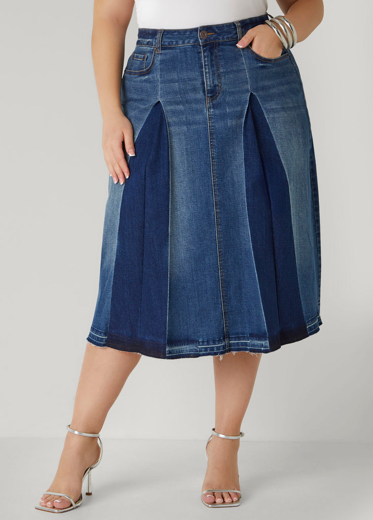 【BAON】Purderie denim midi skirt Frayed Pleated Denim Midi Skirt – Ashley Stewart