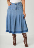 Pleated Two Tone Midi Denim Skirt