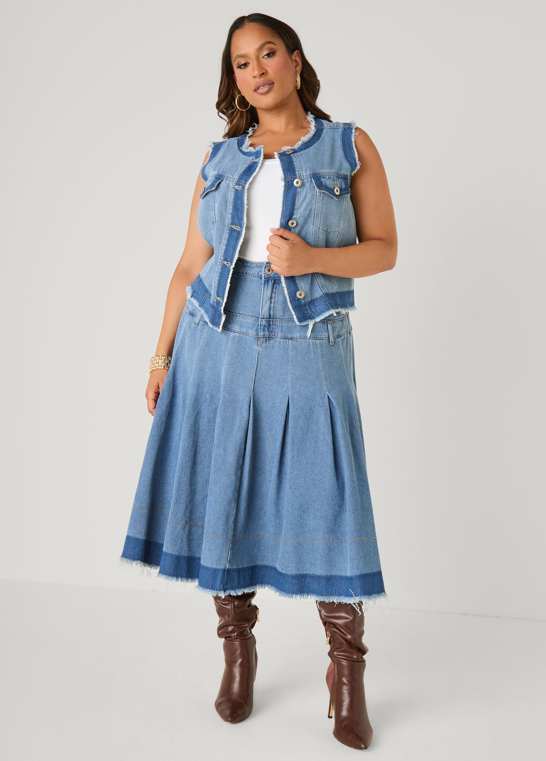 Pleated Two Tone Midi Denim Skirt