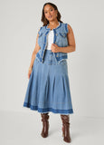 Pleated Two Tone Midi Denim Skirt